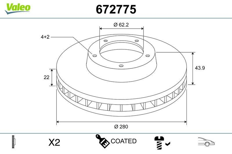 2x VALEO Bremsscheibe COATED 672775