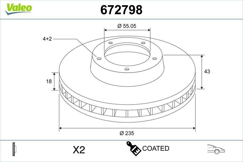 2x VALEO Bremsscheibe COATED 672798