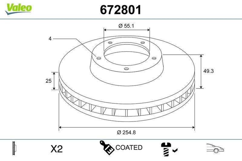 2x VALEO Bremsscheibe COATED 672801