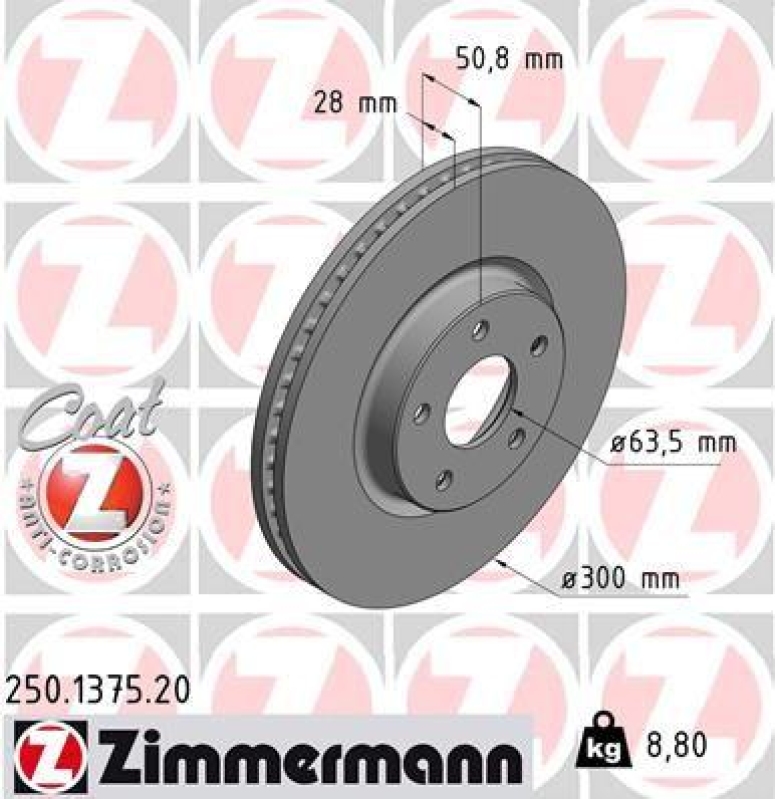 2x Zimmermann Bremsscheiben Coat Z Ø300mm Vorne passend für Ford Mondeo 5 2.0 250.1375.20