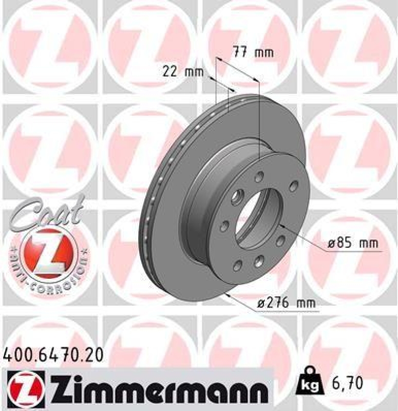 2x Zimmermann Bremsscheiben Coat Z Ø276mm Vorne passend für Mercedes Sprinter 400.6470.20