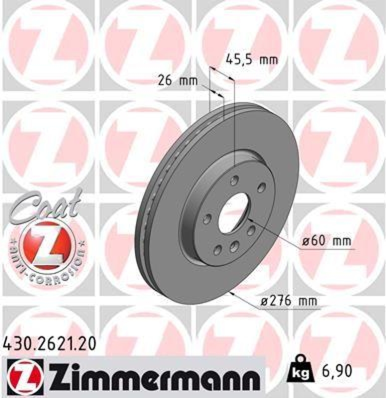 2x Zimmermann Bremsscheiben Coat Z Ø276mm Vorne passend für Opel Astra J 1.4 1.6 430.2621.20