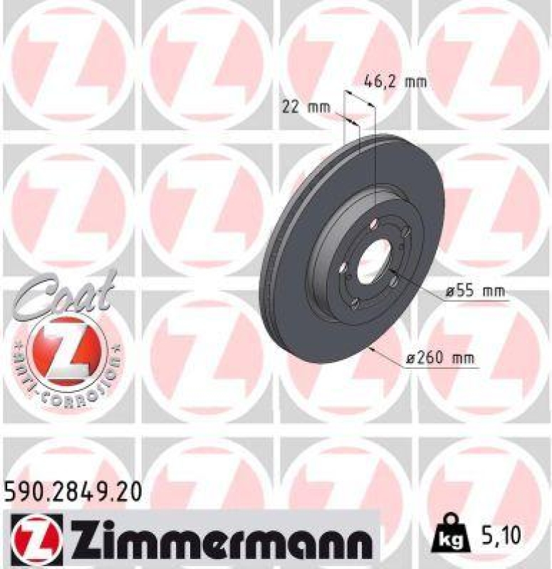 2x Zimmermann Bremsscheiben Coat Z Ø260mm Vorne passend für Toyota Yaris 1.0 590.2849.20