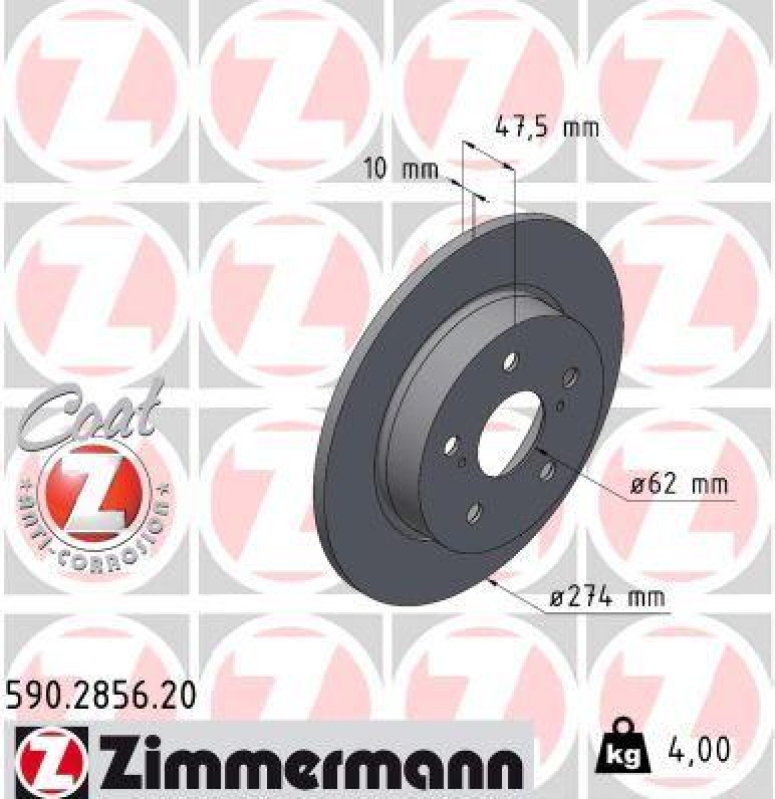 2x Zimmermann Bremsscheiben Coat Ø274mm Hinten passend für Toyota Corolla Suzuki 590.2856.20