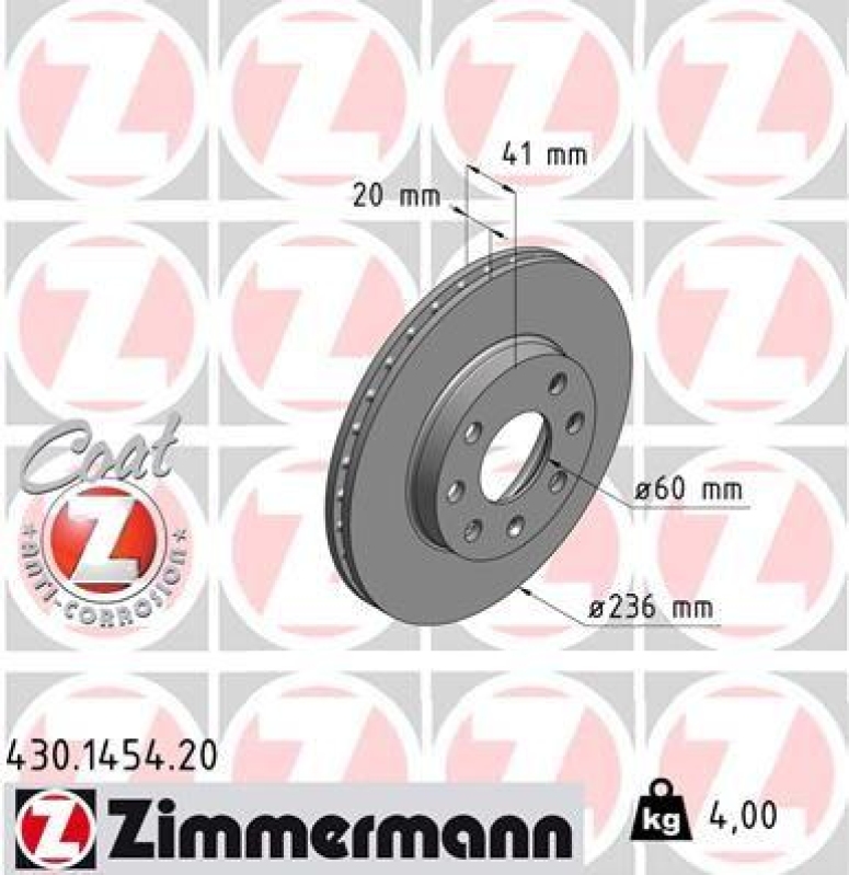 2x Zimmermann Bremsscheiben Coat Z Ø236mm Vorne passend für Opel Corsa Chevrolet 430.1454.20