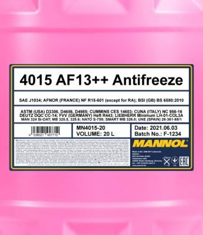 20L Mannol Kühlerfrostschutz AF13++ Rot High Perfomance Antifreeze